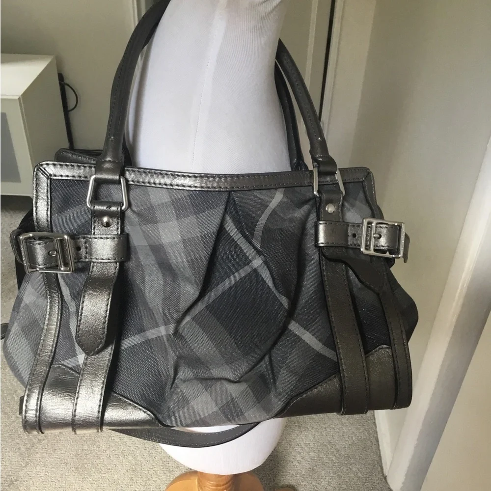 Authentic BURBERRY Gray Shimmer Check “Pilgrim” Satchel Crossbody - EUC